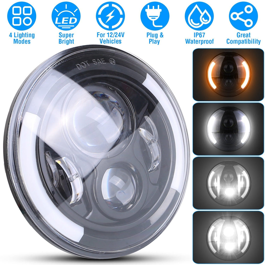 7In 40W Round LED Headlight 3800LM Halo Car Headlamp with DRL Turn Light High Low Beam Fit for Honda Yamaha Motorcycle Jeep Wrangler TJ JK CJ