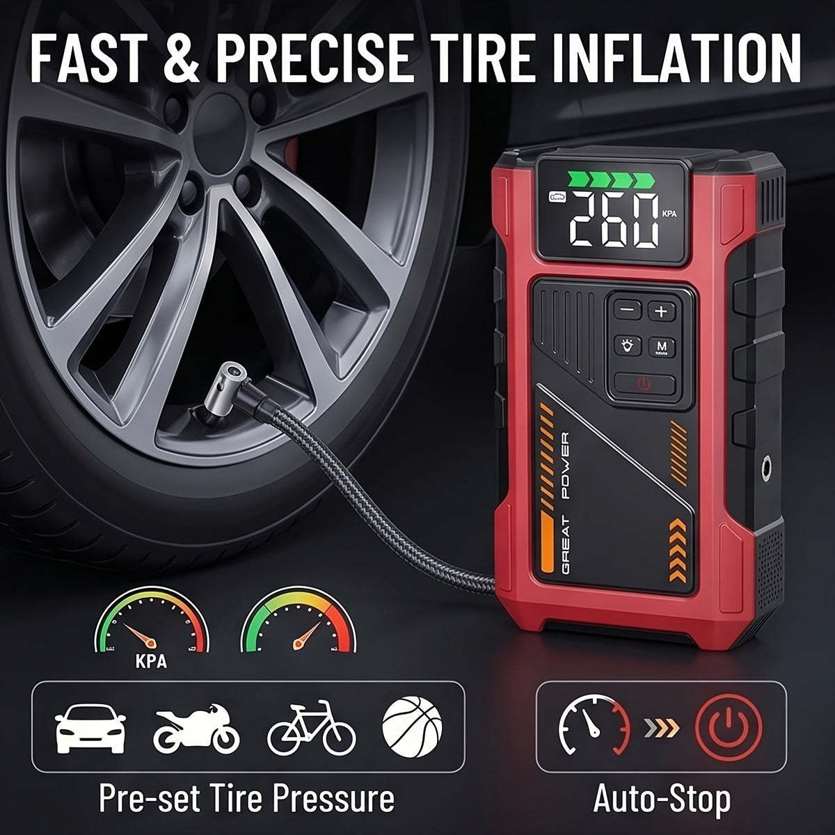 9-in-1 12V Jump Starter & Portable Tire Air Compressor