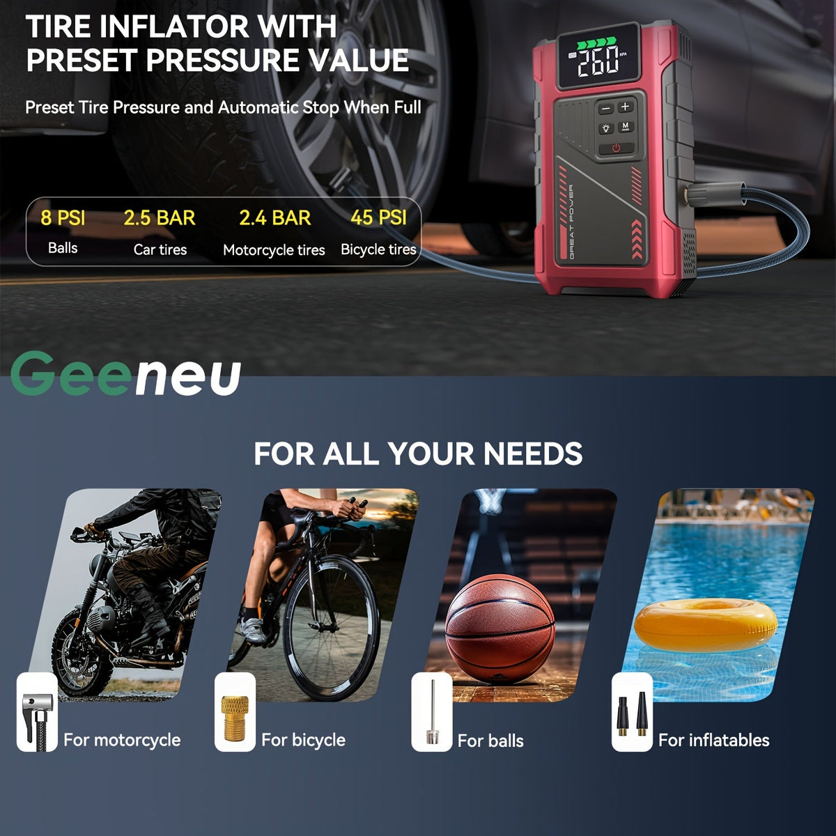 9-in-1 12V Jump Starter & Portable Tire Air Compressor