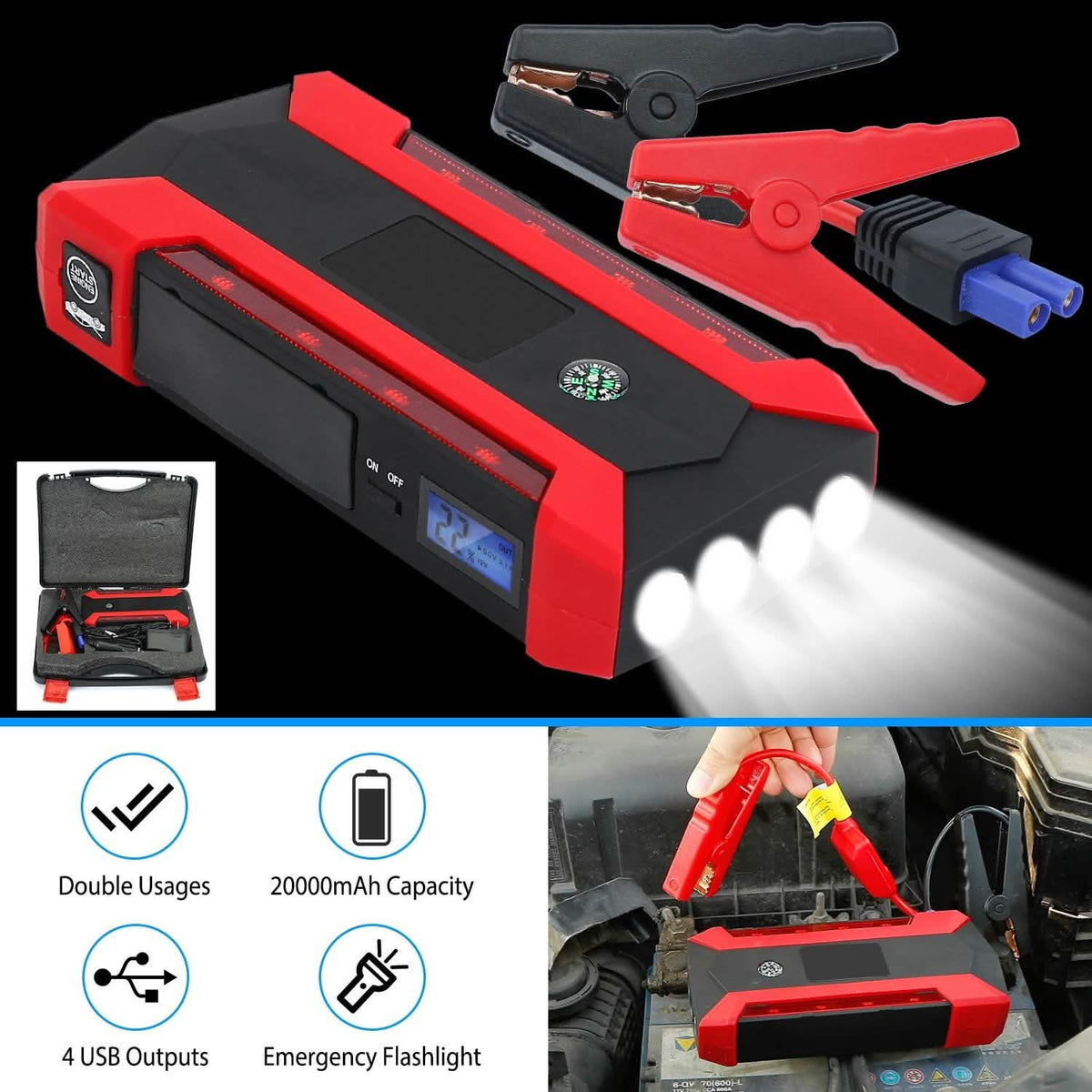 1000A Portable Jump Starter & 20,000mAh Power Bank with LCD