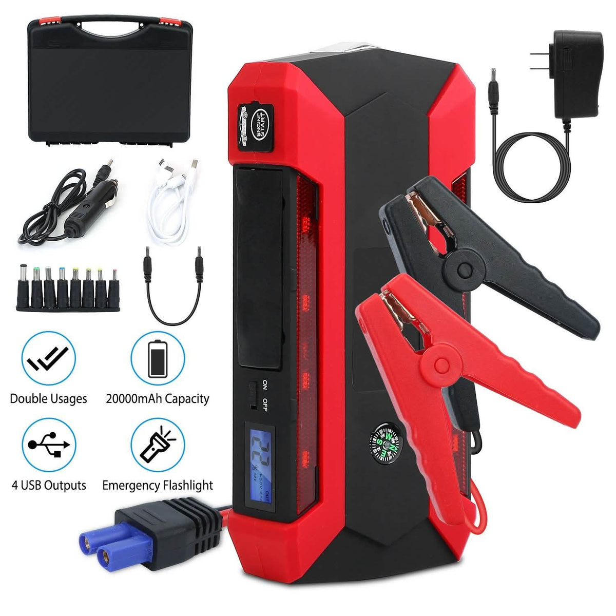 1000A Portable Jump Starter & 20,000mAh Power Bank with LCD